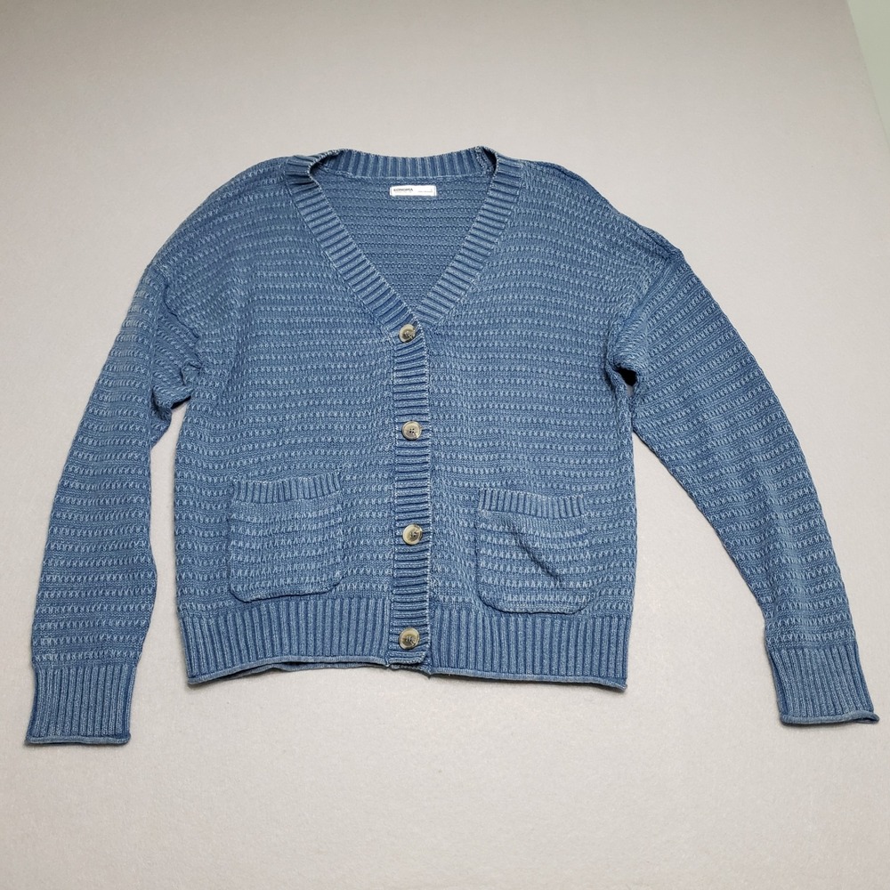 Sonoma Blue Textured Knit Button Front Cardigan Sweater Womens L Cotton Blend